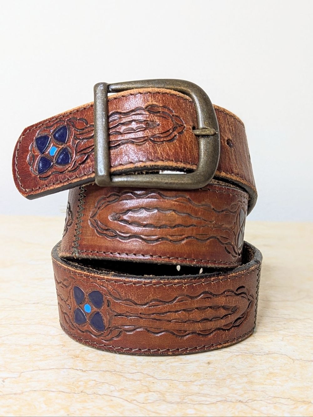 Vintage Leather Hand Stained Tooled Rugged Distressed Blue Floral Belt Womens 30 - Picture 14 of 14